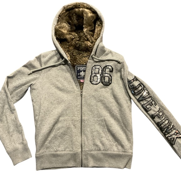 VS Victoria’s Secret PINK VTG Faux Fur Bling Sequin Hoodie Jacket Sweatshirt Y2K - Picture 10 of 12